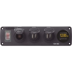 Blue Sea - Water-Resistant Accessory Panel - 12V Socket, 2x 2.1A Dual USB Chargers, Mini Voltmeter - PN. 4368
